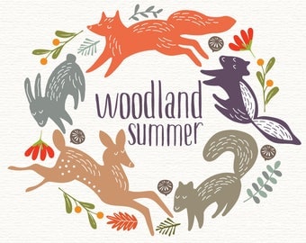 Woodland Animals, vector, woodland creatures, woodland clipart, fox clipart, deer clipart, fawn clip art, hand drawn wreath, woodland wreath