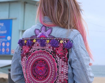 Embellished jean jacket, embroidered denim jacket, 70s style denim, Hmong tribe embroidered denim, festival fashion, boho denim jacket