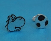 Cufflinks - Sterling silver Yoshi and Egg - for grooms, groomsmen, wedding, birthday, fathers day