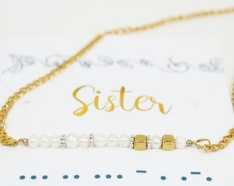 Pearls Necklace, Morse Code Necklace, Morse Code Jewelry, Sister Necklace, Sister Gift, Gold Morse Code, Silver Morse Code, Gift for Her