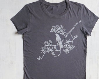 Bird on Dogwood Womens T-shirt - HandPrinted Organic Cotton Tshirt - Gray Crew Neck - Eco-Frienly Gift