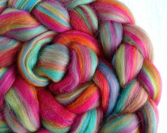 Merino Wool Blended Roving - Spinning - Felting - Spinning Fiber - Merino Tops - Bright - Club Tropicana - Orange, Magenta, Turquoise 100g