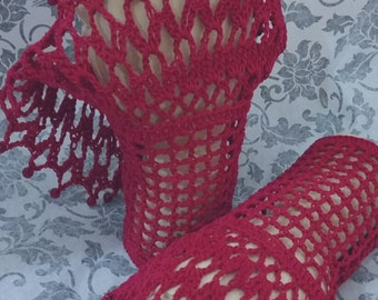 Scarlet Red Steampunk Victorian Gothic Crochet Lace Wrist Cuffs Victorian Mourning Vampire