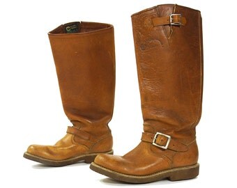 70s Chippewa Motorcycle Boots / RARE Vintage 1970s Brown Leather Lineman Moto Engineer Riding Work Boots / Buckle Ankle Harness / Women's 7
