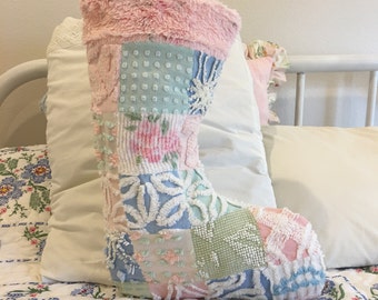 Large Pink Vintage Patchwork Chenille Christmas Stocking shabby Cottage