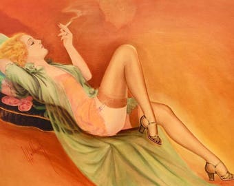 SALE Painting of CAROLE LOMBARD No Man of Her Own Hushbaugh pinup Vancas Nude Art Deco Lingerie sheer see through stockings Panties Pin-Up