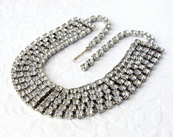 5 Row Vintage Rhinestone Choker Classic 1950s Costume Jewelry Wedding Bridal Formal Cocktail Prom Ballroom Pageant MOH MOB MOG 14.5 Inch