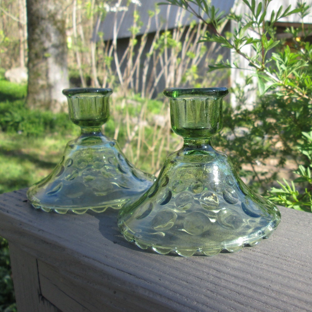 Vintage Green Pressed Glass Candlesticks Hazel Atlas