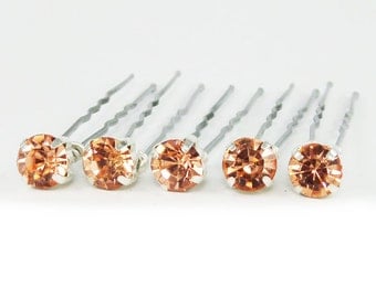 Rose Gold Peach Rhinestone Hair Pins Set of 5