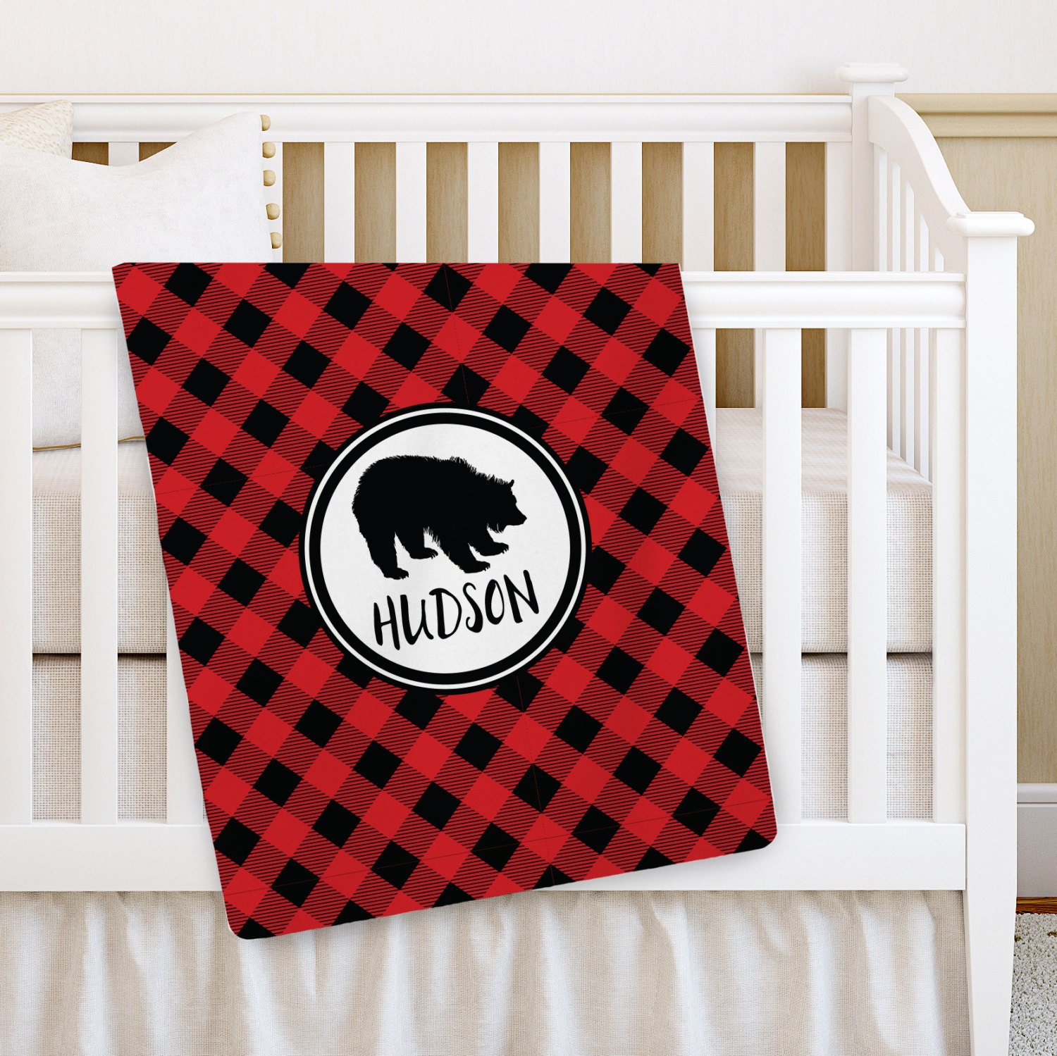 Bear Baby Blanket Buffalo Plaid Personalized Baby Blanket