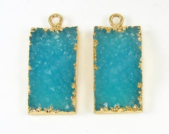 Turquoise Faux Druzy Pendant Turquoise Drusy Earring Charm Aqua Druzy Rectangle Gold Trimmed Faux Gemstone Findings |B7-4|2