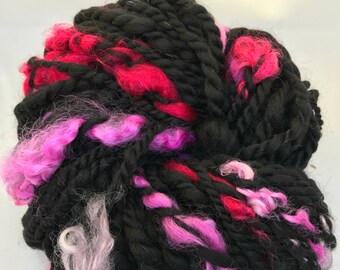 Black magic handspun yarn art yarn bulky yarn black and pink - soft and shinny