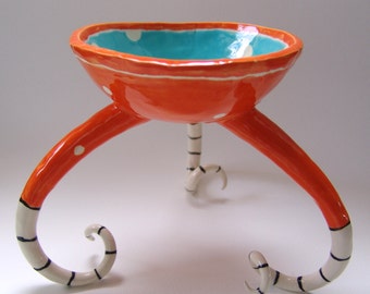 whimsical pottery Bowl w/ polka-dots, stripes, curly legs, fun, colorful ceramic Home Decor -- ready to ship