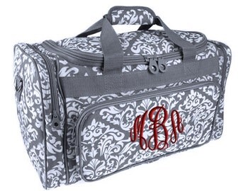 Personalized Duffle Bag Gray White Damask Monogram Grey Ballet Dance Travel