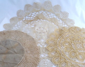 Vintage doily destash, cluny butterfly, crochet round, golden battenberg, 10" and 15" doilies, ecru linens, round doilies, crochet linens