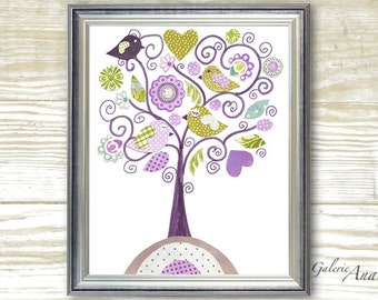 Baby girl Nursery art print - nursery decor - kids art - kids room decor - nursery wall art - Bird - Fantasy Tree print