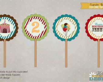 Carnival Cupcake Toppers, Personalized Birthday Party Decorations #B106