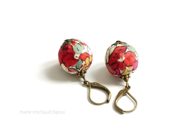 Red and green Liberty earrings, Liberty print earrings, Textile earrings, Cute earrings, Pink and white earrings, Country chic earrings