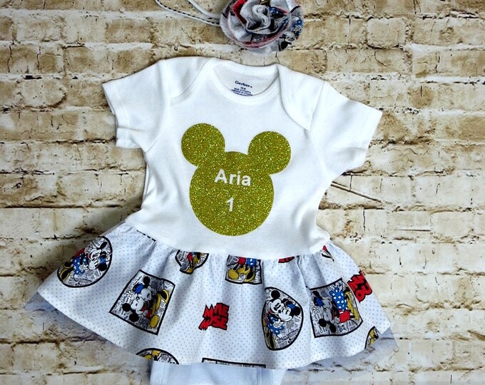 Mothers Day Gift - Disney Baby Girl Dress - Mickey Mouse - Baby Shower - Personalized - Oneise - Unisex Tshirt - newborn to 3 toddler