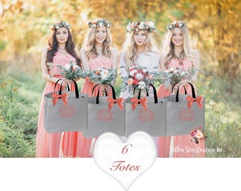 6 bridal party tote bags , bridesmaid gifts , tote bag , beach bag , bachelorette party gift , bridal party gifts, bridemaid tote