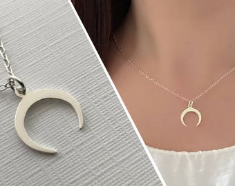 Crescent Moon Necklace, Upside Down Moon Necklace, Double Horn Necklace, Tusk Necklace, Sterling Silver