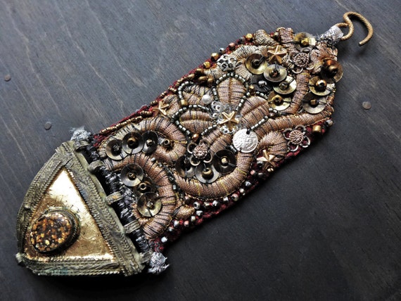 Ornate antique textile cuff bracelet with recycled Afghan jewelry - "Eternity at Night"  