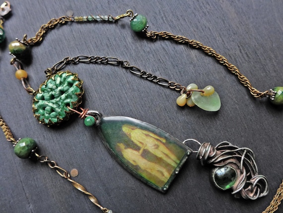 Mixed media necklace with resin pendant and chrome diopside beads - “A Conversation in the Garden”