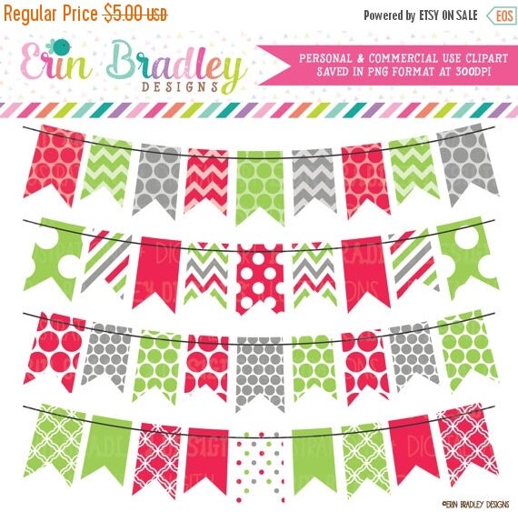 50% OFF SALE Holiday Red Green and Gray Bunting Banner Flag Clipart Clip Art Set Personal & Commercial Use Il_570xn