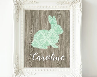 Mint gray nursery decor baby girl nursery wall art nursery prints personalized baby custom bunny art woodland nursery art personalized gift