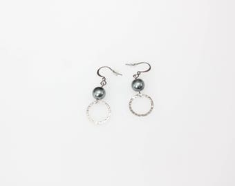 boucles d'oreilles argent, bijoux mode, Boucles d'oreille noires,earl earring,mode jewelry, earrings,gift, bal, perle, silver, round, cercle