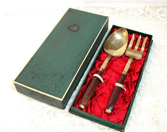 Mid Century Brass and Teak Salad Servers in Original Box