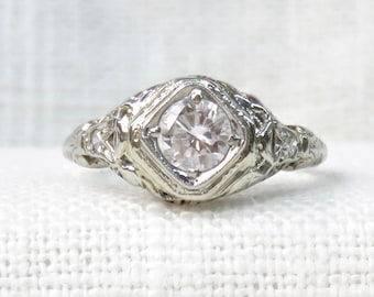 1920s Diamond Engagement Ring in 18k White Gold; .52 Carats; Art Deco Ring; Vintage Diamond Ring; 1920s Promise Ring; Natural Gemstone