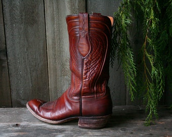 Vintage Lucchese Boots Western Mens Size 11 A Hand Made Cowboy Boots Cognac Color