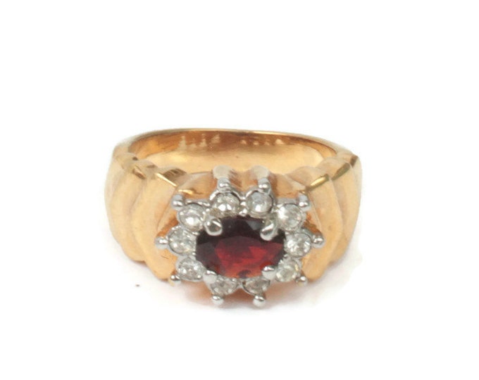 Simulated Garnet Ring Clear Crystals Stepped Shoulders Size 7 US