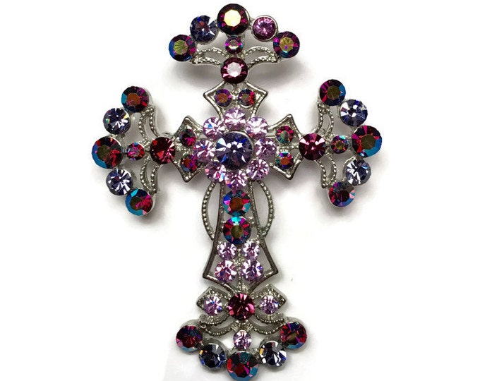 Kirks Folly Rhinestone Cross Brooch Pendant Pink Purple AB Rhinestones