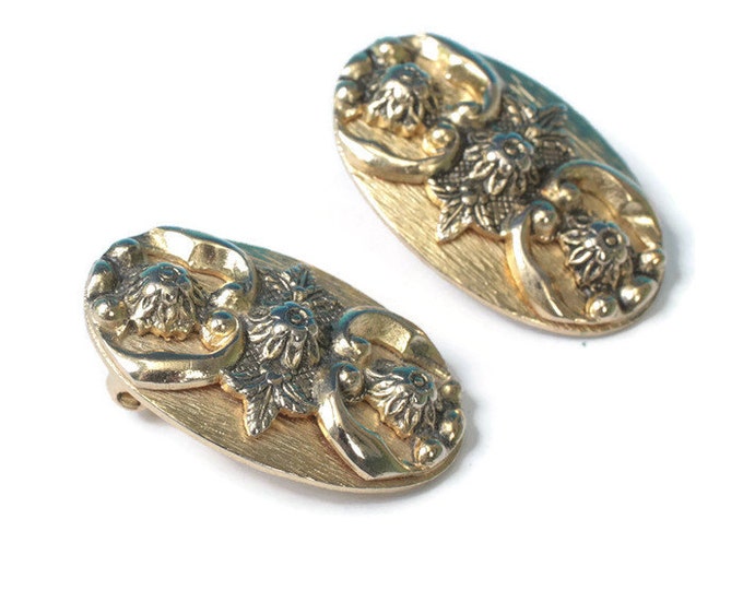 Whiting and Davis Victorian Revival Earrings Oval Flower Design Clip On