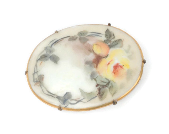 Victorian Porcelain Brooch Hand Painted Yellow Rose Florals Oval Gilt Trim Vintage