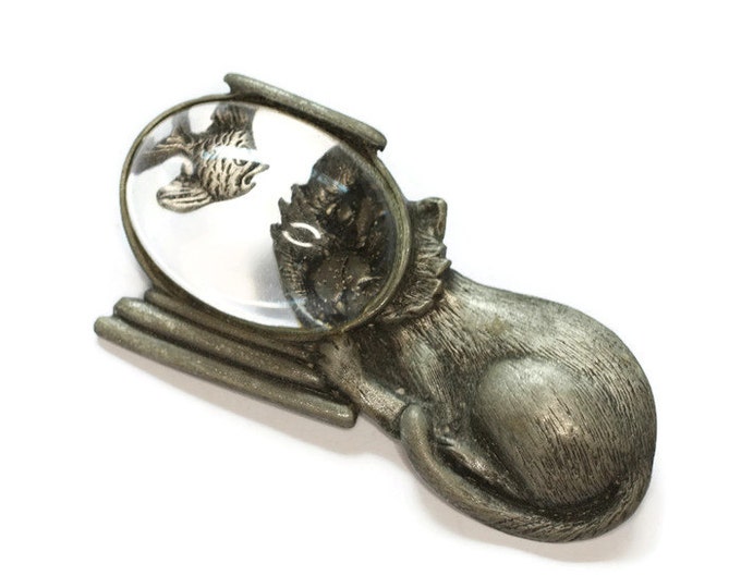 Cat with Fishbowl Brooch Pewter Tone JJ Signed Vintage