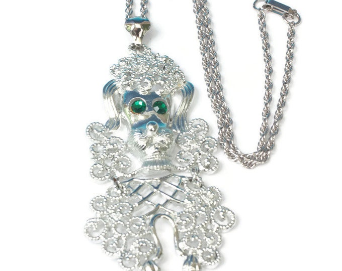 Silver Tone Poodle Pendant Necklace Signed Gold Crown 1960s 1970s Vintage