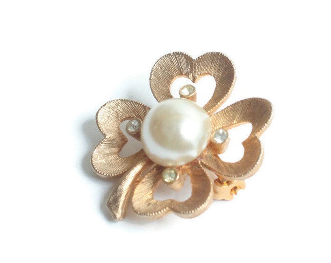 CIJ Sale Four Leaf Clover Pin Faux Pearl Rhinestones Signed JJ Vintage