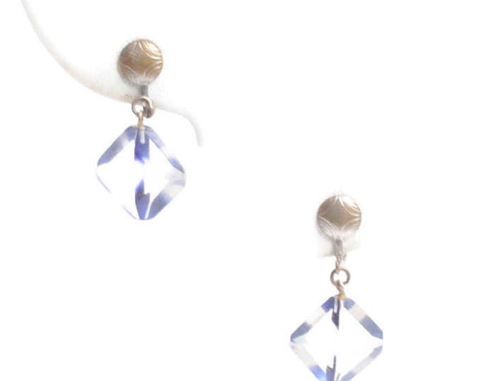 Two Color Lucite Dangle Earrings Clear and Blue Prism Screw Back Art Deco Earrings