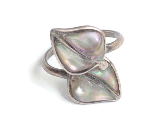 Abalone and Sterling Wrap Ring Mexico Leaf Design Vintage