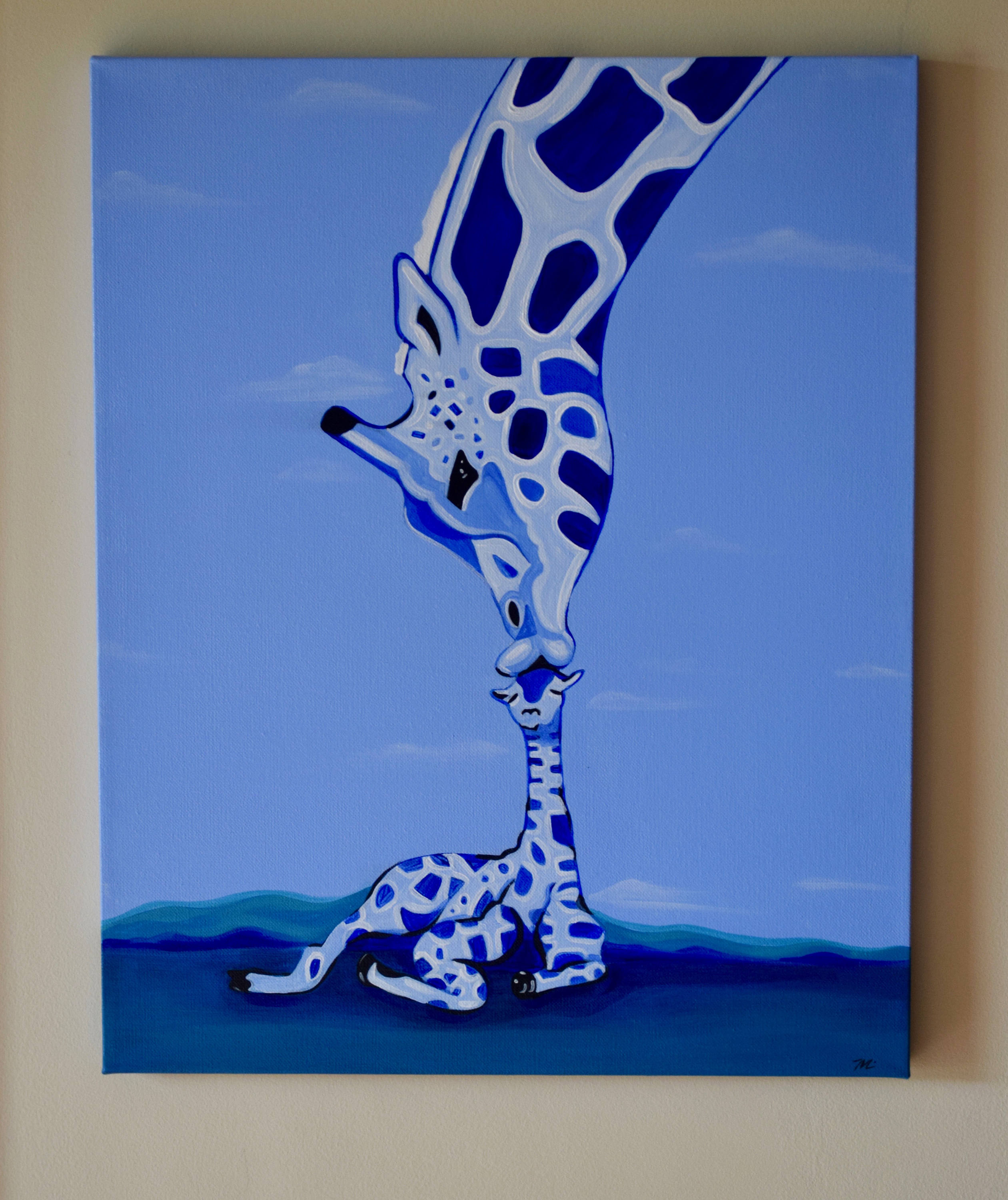 Original 16x20 Standard Canvas Painting Blue Baby Giraffe and