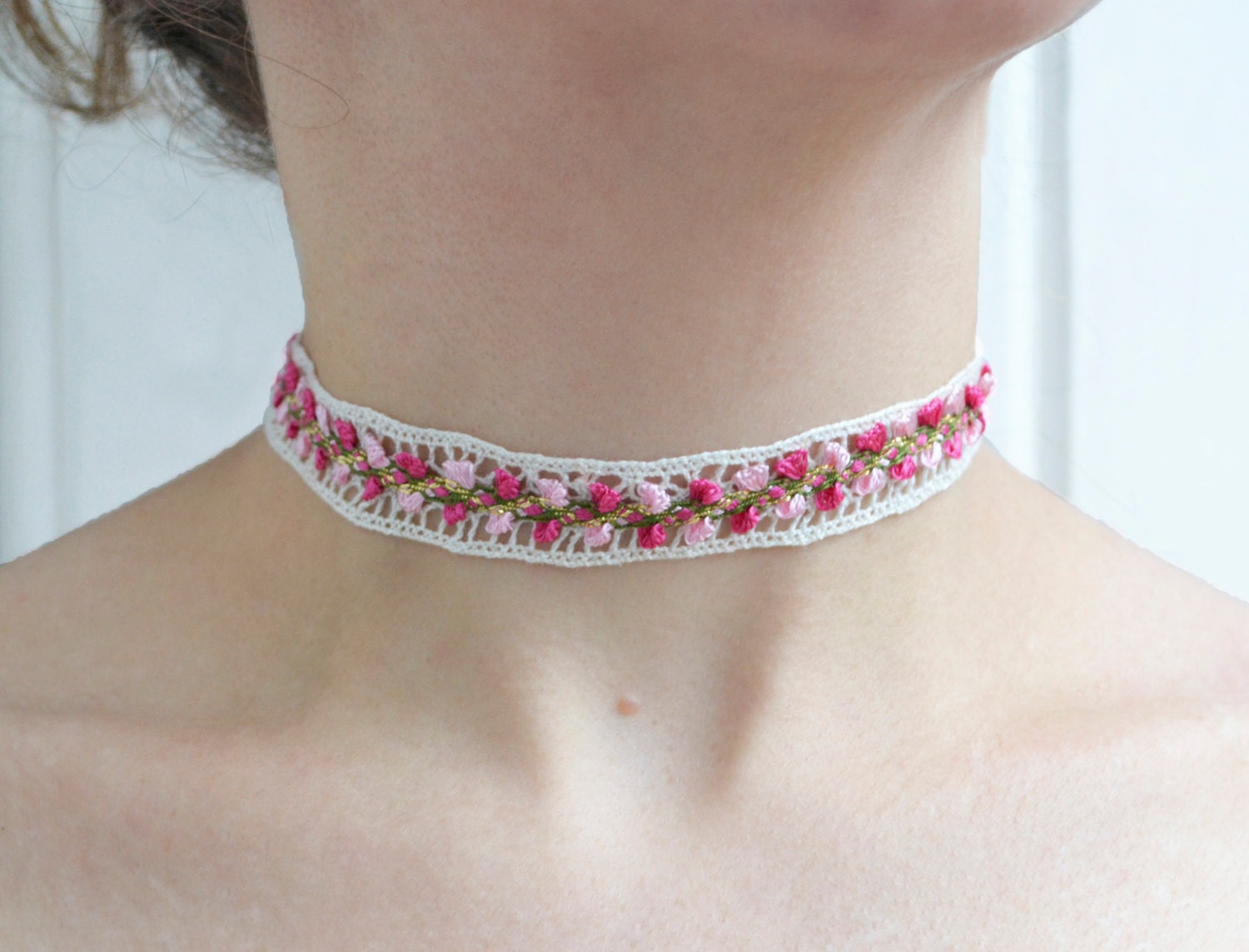 Ribbon Choker Handmade Choker Necklace Rose Bud Ribbon Pink