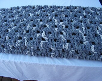 Crochet Afghan Blanket Silver Steel shades of grays with a touch of dark vintage white.