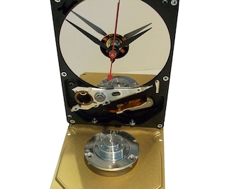 Hard Drive Clock with Golden Base, Accented with Shiny Motor Spindle Assembly. Retro, Modern.