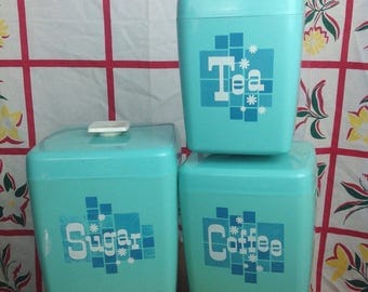 Vintage 3 piece aqua kitchen canister set. Sugar, coffee, & tea. Mid century modern. Mid mod. Cooking baking chef.