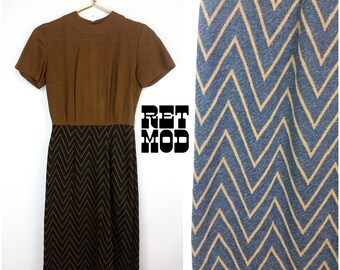 Vintage 60s Mod Brown and Gray Zig Zag Chevron Dress!