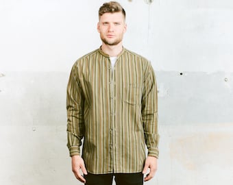 Minimalist Collarless Shirt . Striped Work Shirt Band Collar Button Down Shirt Hippie Minimalist Green 90s Shirt . size Large L