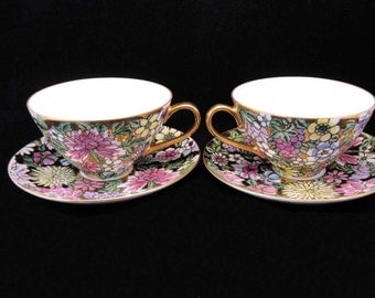 Dorothy C. Thorpe California Mille Fleur Tea Cups & Saucers( 2 sets)Gold~Flowers